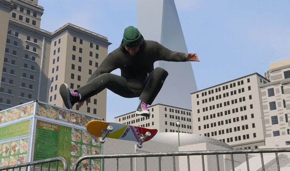 Skate trailer still - guy doing a sick kick flip over a fence